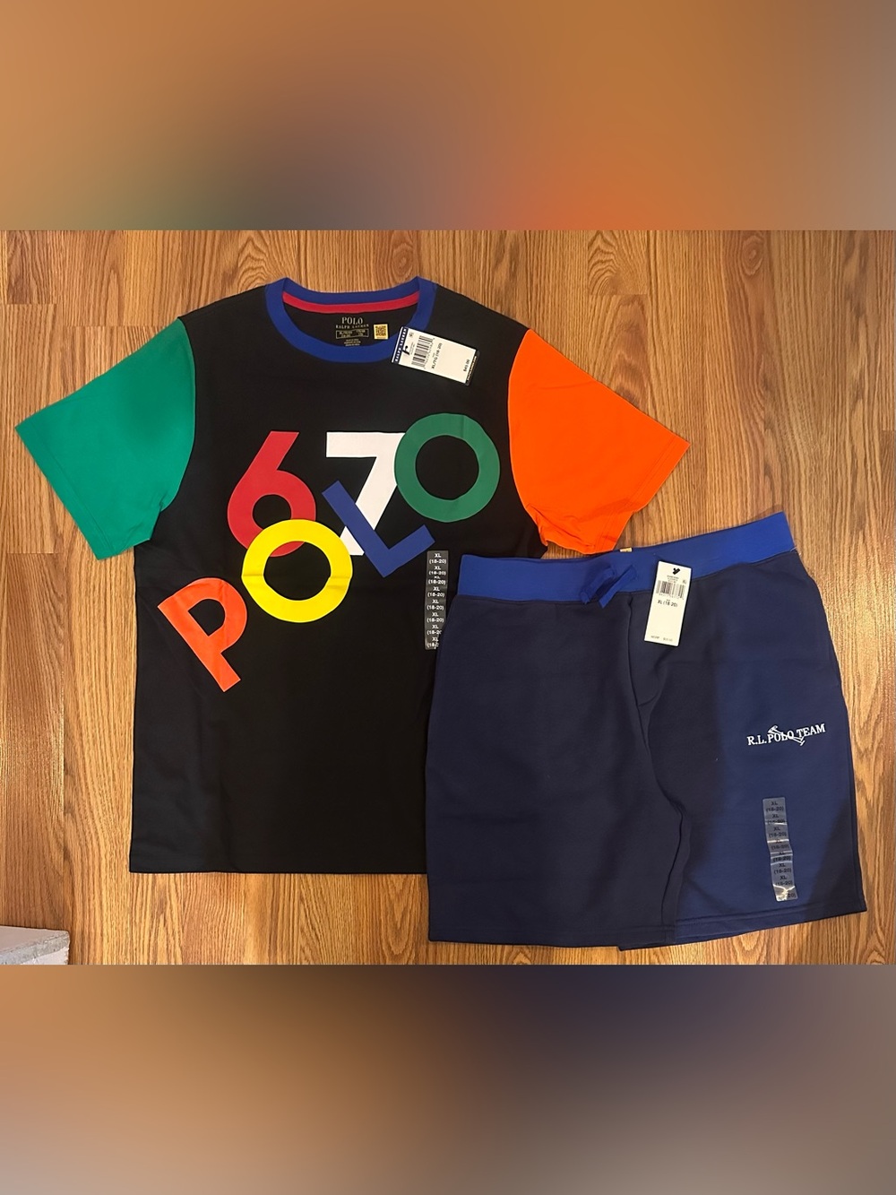 Polo Ralph Lauren Boy’s Logo Color blocked Cotton Jersey Tee + Navy Shorts, XL
